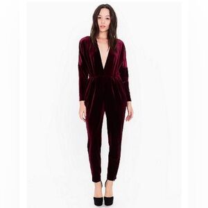 American Apparel Velvet Adelyn Jumpsuit. Plunging V-Neck. Cabernet Red. Size M.